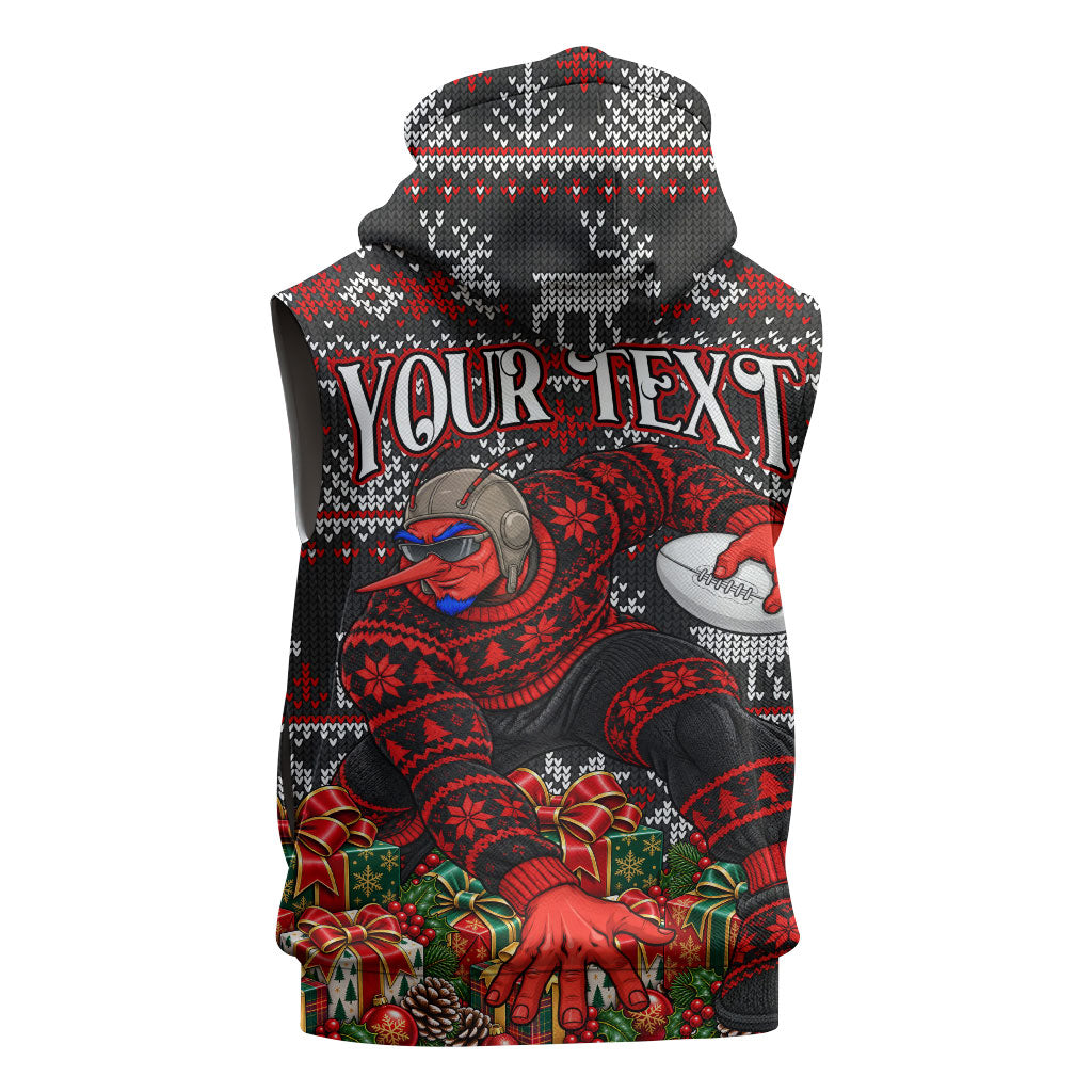 Personalized Bombers Football Christmas Sleeveless Hoodie Australian Football Mascot - Ugly Xmas Pattern Festive