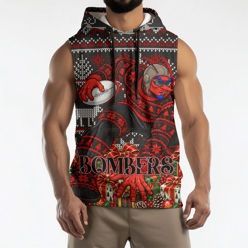 Personalized Bombers Football Christmas Sleeveless Hoodie Australian Football Mascot - Ugly Xmas Pattern Festive