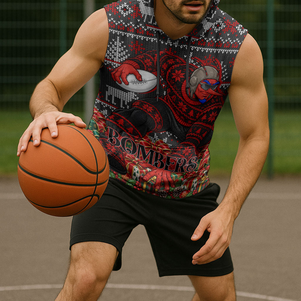 Personalized Bombers Football Christmas Sleeveless Hoodie Australian Football Mascot - Ugly Xmas Pattern Festive