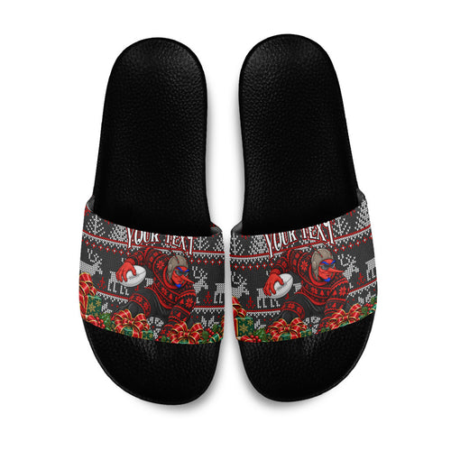 Personalized Bombers Football Christmas Slide Sandals Australian Football Mascot - Ugly Xmas Pattern Festive