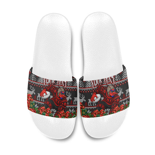 Personalized Bombers Football Christmas Slide Sandals Australian Football Mascot - Ugly Xmas Pattern Festive