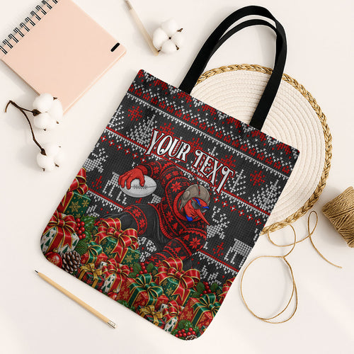 Personalized Bombers Football Christmas Tote Bag Australian Football Mascot - Ugly Xmas Pattern Festive