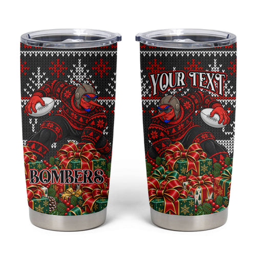 Personalized Bombers Football Christmas Tumbler Cup Australian Football Mascot - Ugly Xmas Pattern Festive