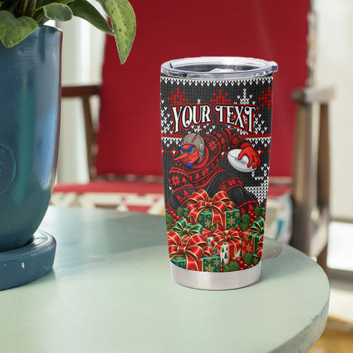 Personalized Bombers Football Christmas Tumbler Cup Australian Football Mascot - Ugly Xmas Pattern Festive