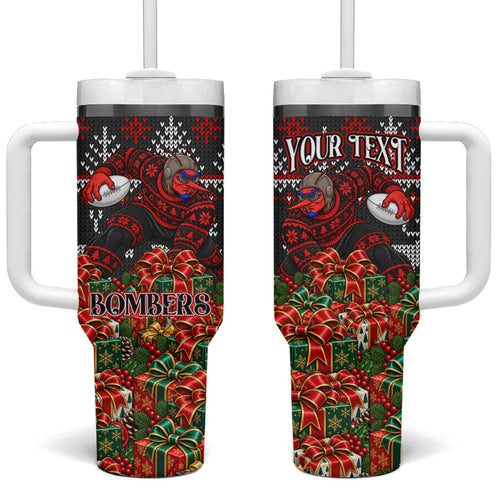 Personalized Bombers Football Christmas Tumbler With Handle Australian Football Mascot - Ugly Xmas Pattern Festive