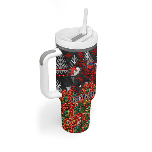 Personalized Bombers Football Christmas Tumbler With Handle Australian Football Mascot - Ugly Xmas Pattern Festive