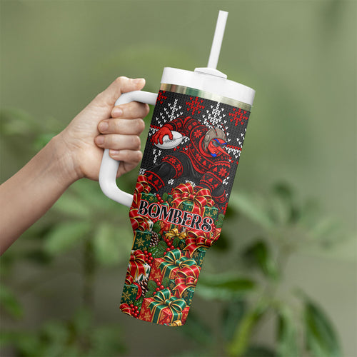 Personalized Bombers Football Christmas Tumbler With Handle Australian Football Mascot - Ugly Xmas Pattern Festive