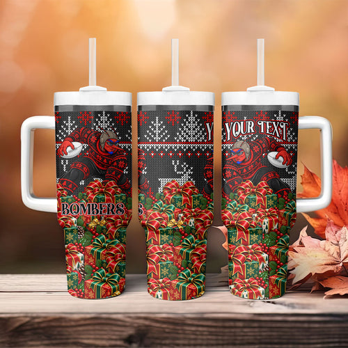 Personalized Bombers Football Christmas Tumbler With Handle Australian Football Mascot - Ugly Xmas Pattern Festive