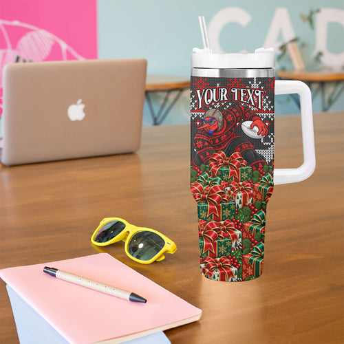 Personalized Bombers Football Christmas Tumbler With Handle Australian Football Mascot - Ugly Xmas Pattern Festive