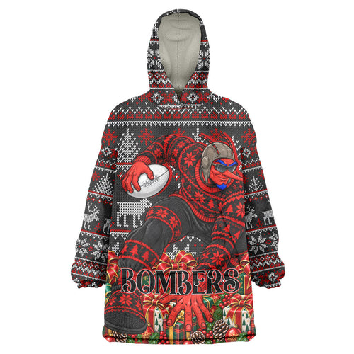Personalized Bombers Football Christmas Wearable Blanket Hoodie Australian Football Mascot - Ugly Xmas Pattern Festive