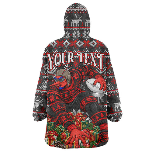 Personalized Bombers Football Christmas Wearable Blanket Hoodie Australian Football Mascot - Ugly Xmas Pattern Festive