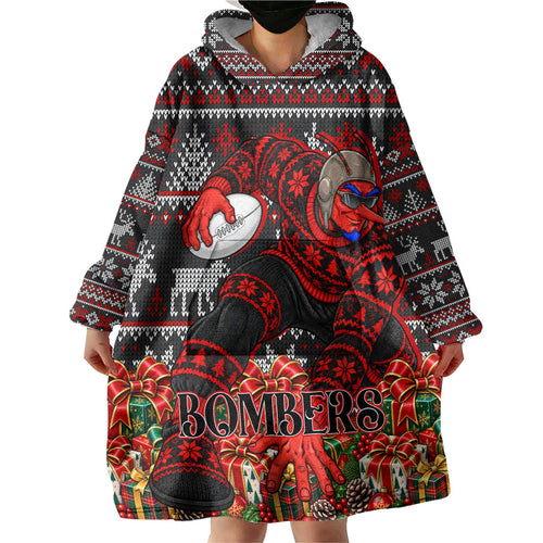 Personalized Bombers Football Christmas Wearable Blanket Hoodie Australian Football Mascot - Ugly Xmas Pattern Festive