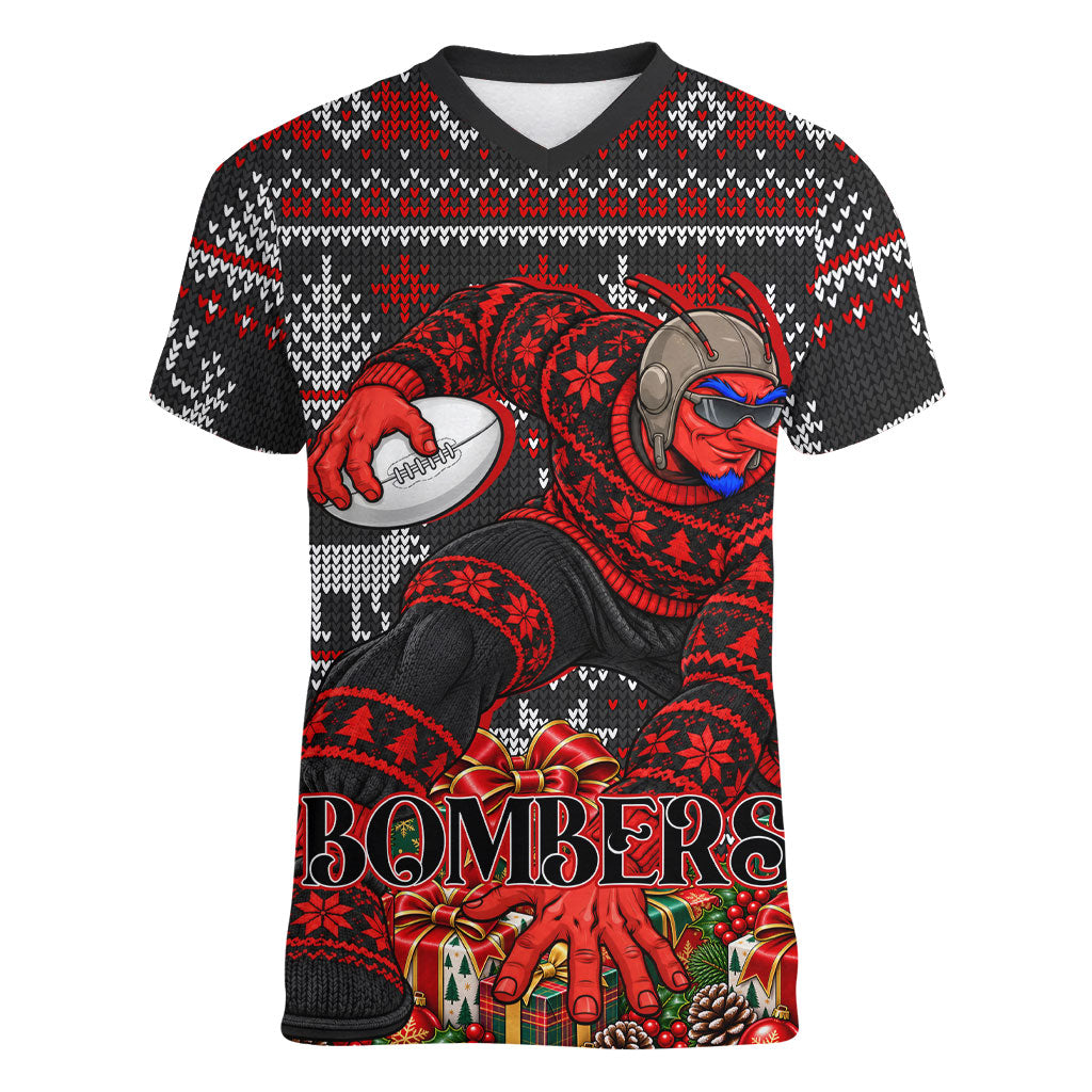 Personalized Bombers Football Christmas Women V-Neck T-Shirt Australian Football Mascot - Ugly Xmas Pattern Festive