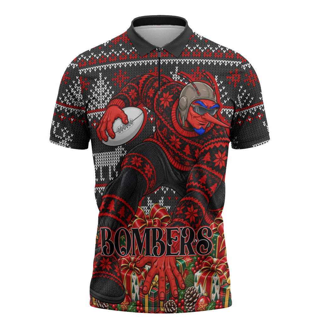 Personalized Bombers Football Christmas Zipper Polo Shirt Australian Football Mascot - Ugly Xmas Pattern Festive