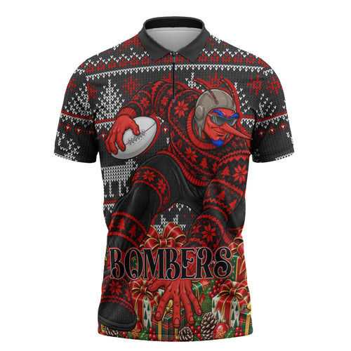 Personalized Bombers Football Christmas Zipper Polo Shirt Australian Football Mascot - Ugly Xmas Pattern Festive