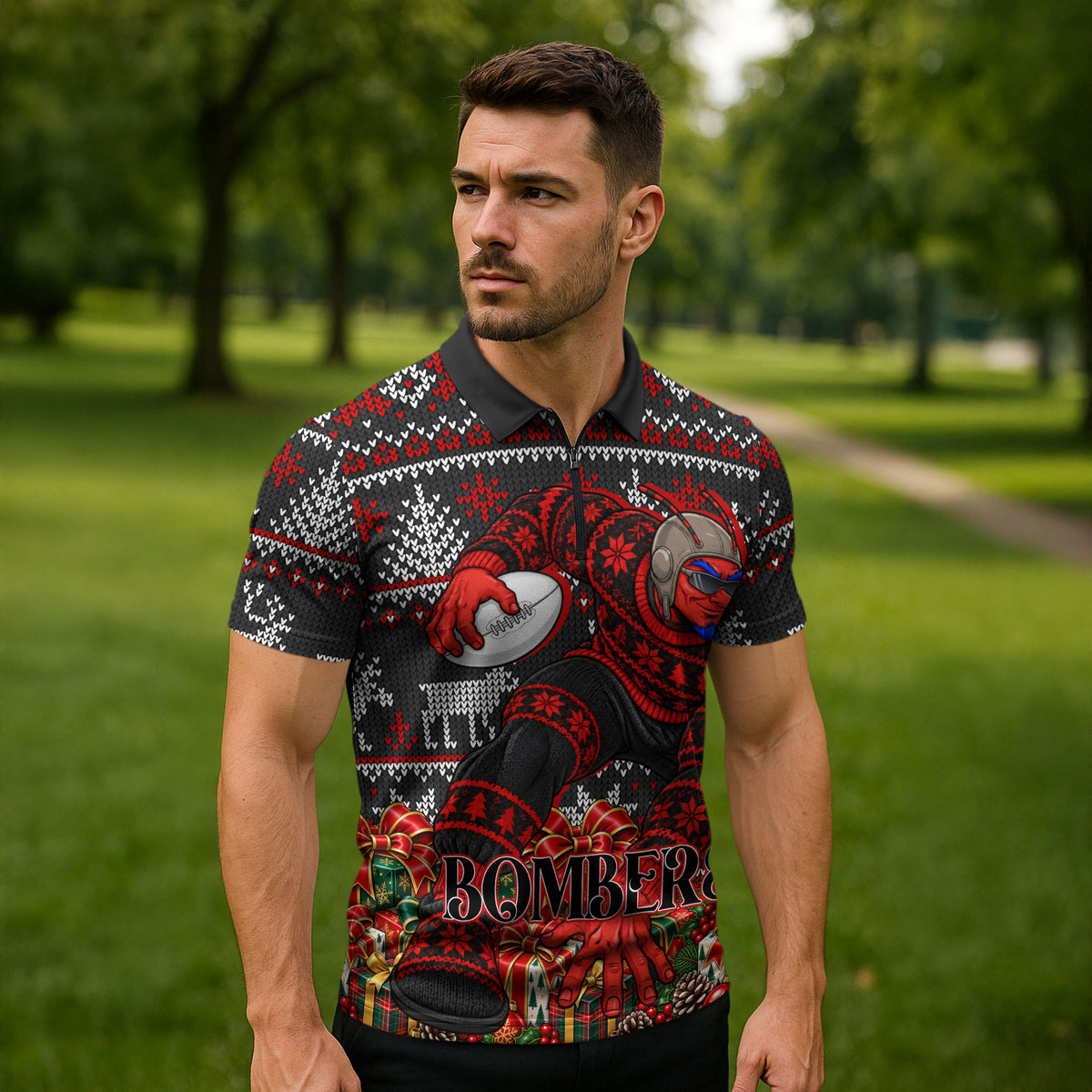 Personalized Bombers Football Christmas Zipper Polo Shirt Australian Football Mascot - Ugly Xmas Pattern Festive