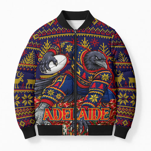 Personalized Adelaide Football Christmas Bomber Puffer Jacket Australian Football Mascot - Ugly Xmas Pattern Festive
