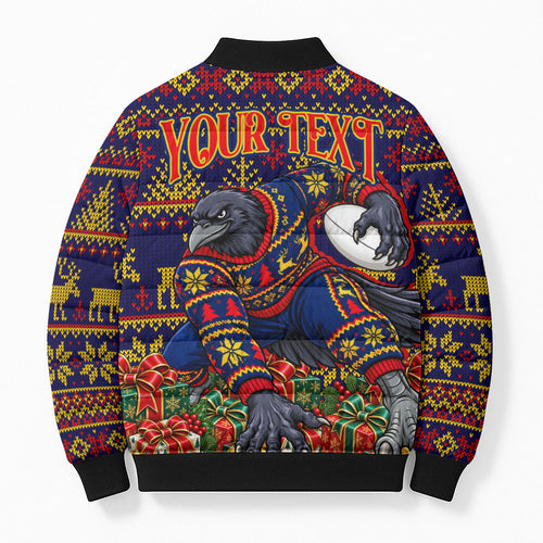 Personalized Adelaide Football Christmas Bomber Puffer Jacket Australian Football Mascot - Ugly Xmas Pattern Festive