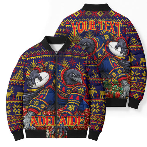 Personalized Adelaide Football Christmas Bomber Puffer Jacket Australian Football Mascot - Ugly Xmas Pattern Festive