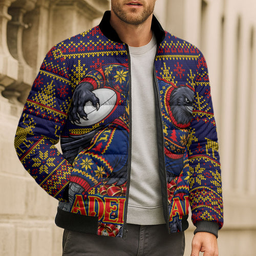 Personalized Adelaide Football Christmas Bomber Puffer Jacket Australian Football Mascot - Ugly Xmas Pattern Festive
