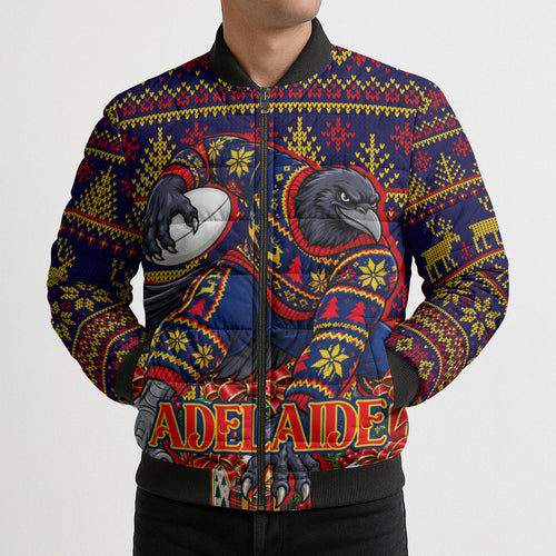 Personalized Adelaide Football Christmas Bomber Puffer Jacket Australian Football Mascot - Ugly Xmas Pattern Festive