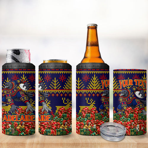 Personalized Adelaide Football Christmas 4 in 1 Can Cooler Tumbler Australian Football Mascot - Ugly Xmas Pattern Festive
