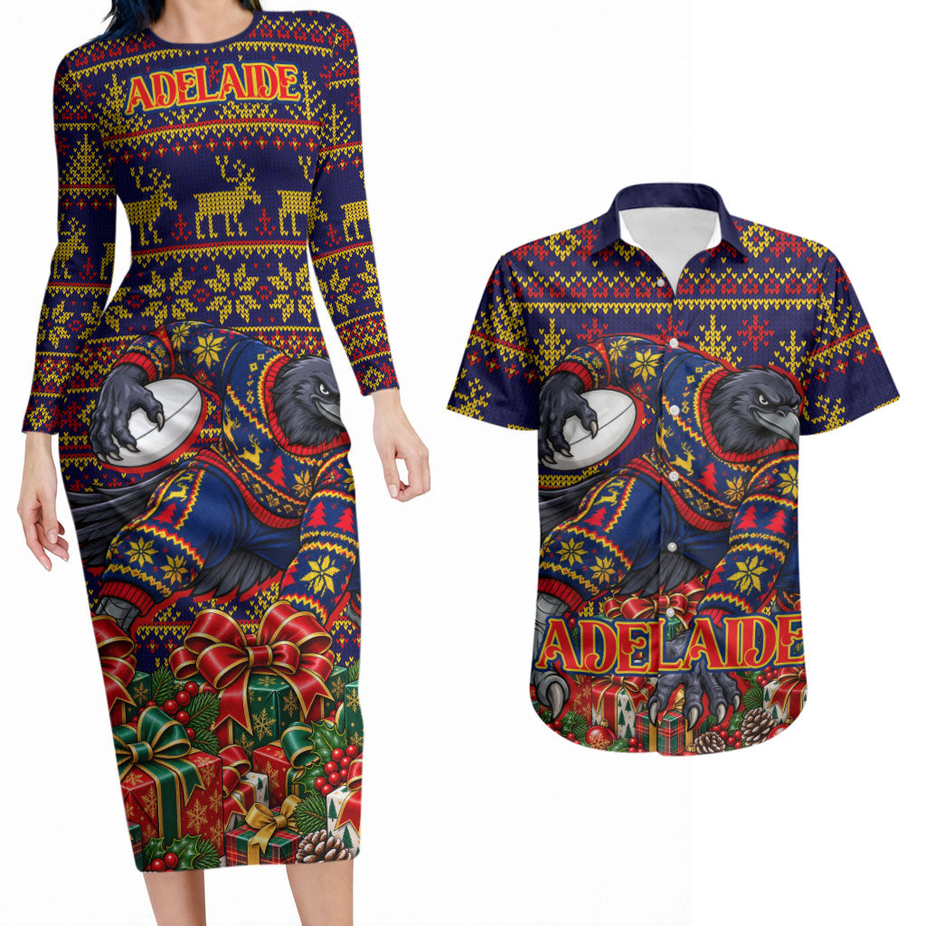 Personalized Adelaide Football Christmas Couples Matching Long Sleeve Bodycon Dress and Hawaiian Shirt Australian Football Mascot - Ugly Xmas Pattern Festive
