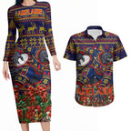 Personalized Adelaide Football Christmas Couples Matching Long Sleeve Bodycon Dress and Hawaiian Shirt Australian Football Mascot - Ugly Xmas Pattern Festive