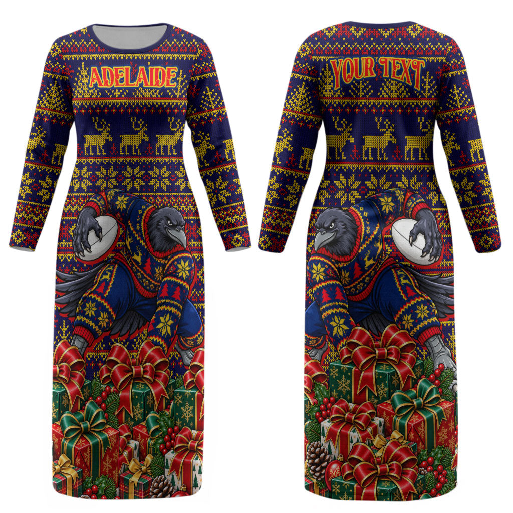Personalized Adelaide Football Christmas Couples Matching Long Sleeve Bodycon Dress and Hawaiian Shirt Australian Football Mascot - Ugly Xmas Pattern Festive