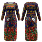Personalized Adelaide Football Christmas Couples Matching Long Sleeve Bodycon Dress and Hawaiian Shirt Australian Football Mascot - Ugly Xmas Pattern Festive