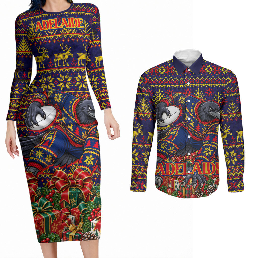 Personalized Adelaide Football Christmas Couples Matching Long Sleeve Bodycon Dress and Long Sleeve Button Shirt Australian Football Mascot - Ugly Xmas Pattern Festive
