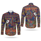 Personalized Adelaide Football Christmas Couples Matching Long Sleeve Bodycon Dress and Long Sleeve Button Shirt Australian Football Mascot - Ugly Xmas Pattern Festive