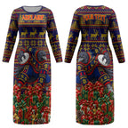 Personalized Adelaide Football Christmas Couples Matching Long Sleeve Bodycon Dress and Long Sleeve Button Shirt Australian Football Mascot - Ugly Xmas Pattern Festive
