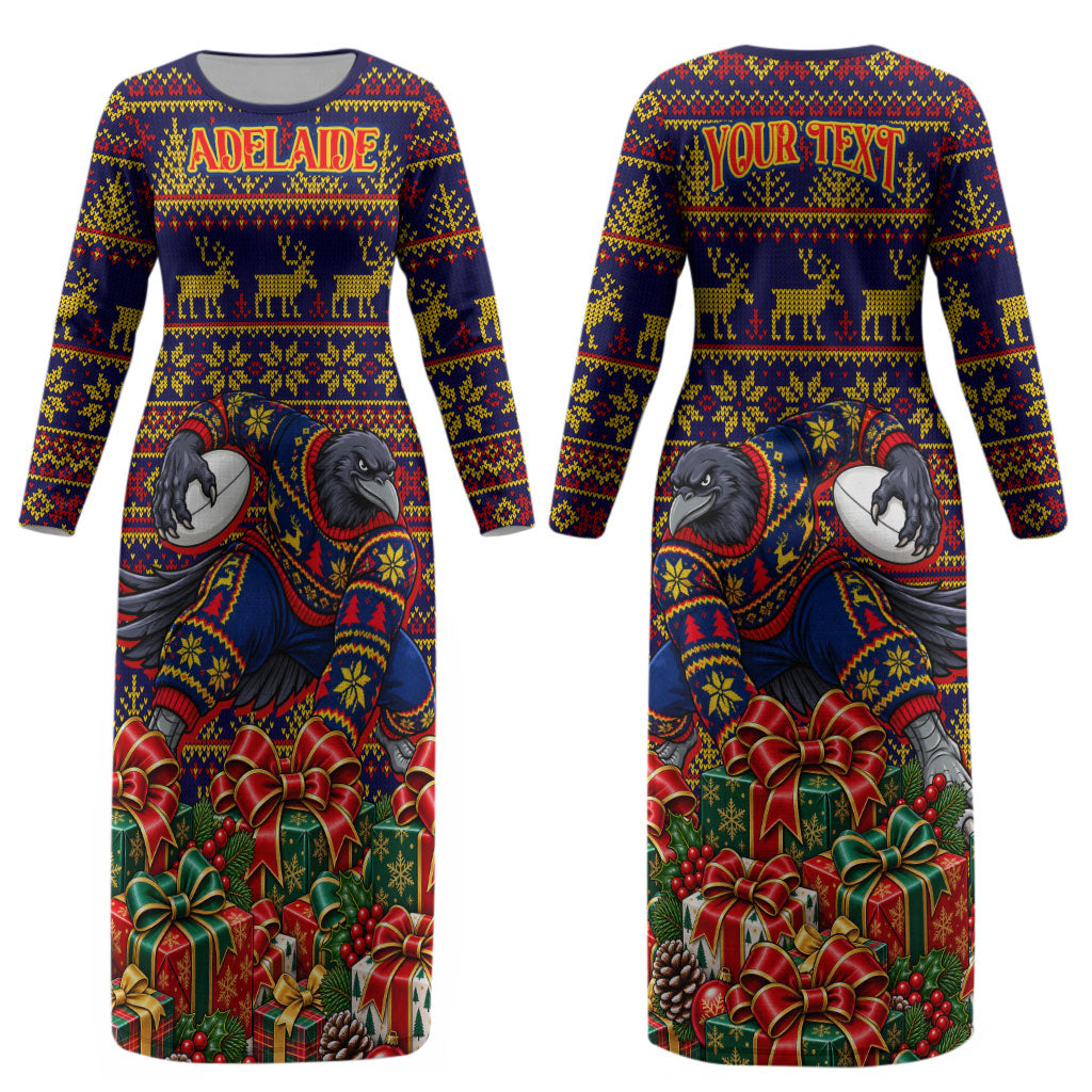Personalized Adelaide Football Christmas Couples Matching Long Sleeve Bodycon Dress and Long Sleeve Button Shirt Australian Football Mascot - Ugly Xmas Pattern Festive