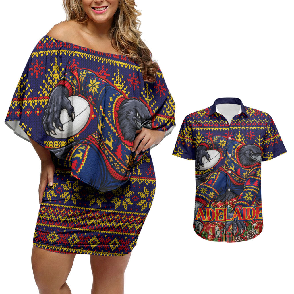 Personalized Adelaide Football Christmas Couples Matching Off Shoulder Short Dress and Hawaiian Shirt Australian Football Mascot - Ugly Xmas Pattern Festive