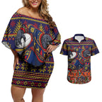 Personalized Adelaide Football Christmas Couples Matching Off Shoulder Short Dress and Hawaiian Shirt Australian Football Mascot - Ugly Xmas Pattern Festive