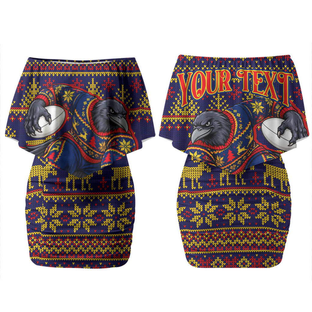 Personalized Adelaide Football Christmas Couples Matching Off Shoulder Short Dress and Hawaiian Shirt Australian Football Mascot - Ugly Xmas Pattern Festive