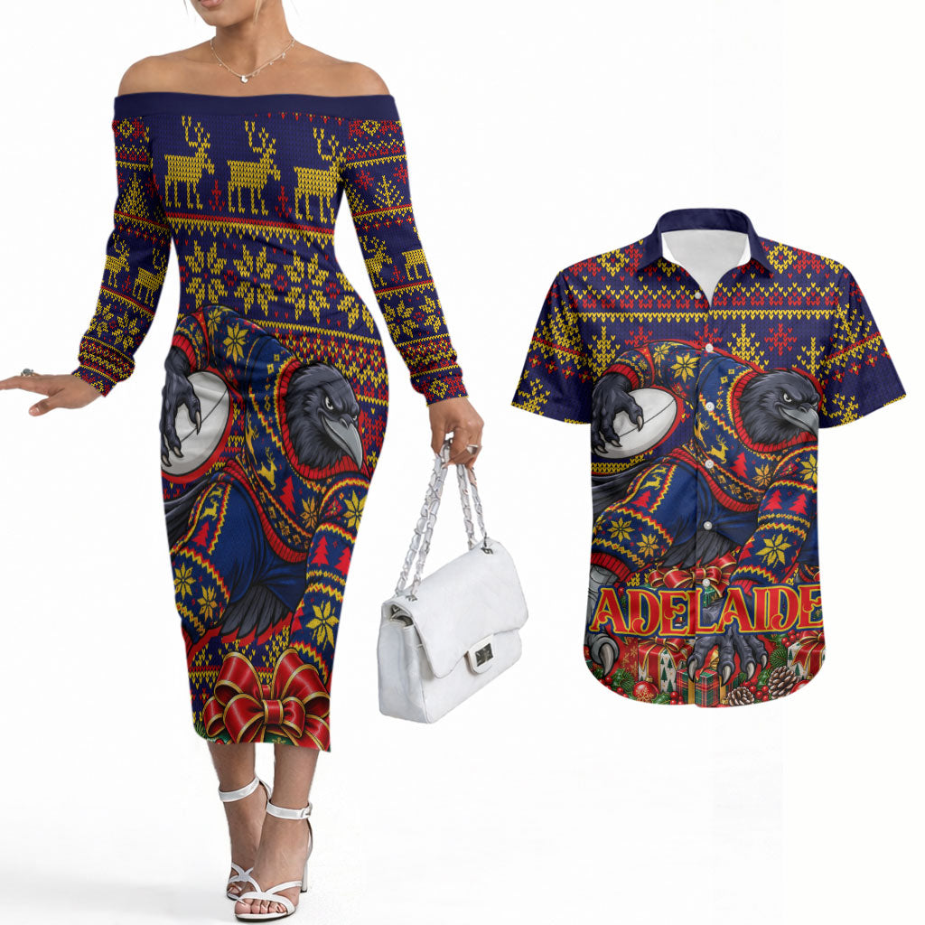 Personalized Adelaide Football Christmas Couples Matching Off The Shoulder Long Sleeve Dress and Hawaiian Shirt Australian Football Mascot - Ugly Xmas Pattern Festive