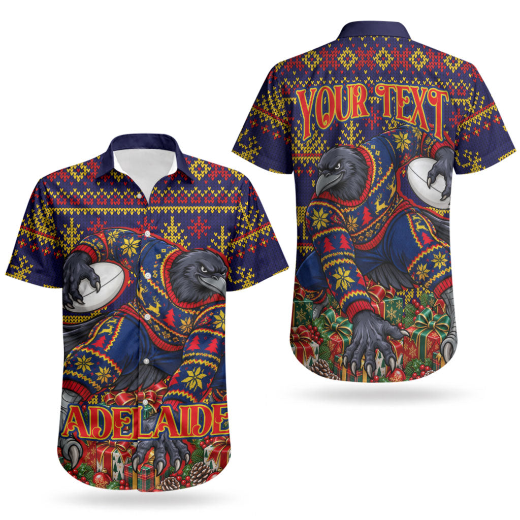Personalized Adelaide Football Christmas Couples Matching Off The Shoulder Long Sleeve Dress and Hawaiian Shirt Australian Football Mascot - Ugly Xmas Pattern Festive
