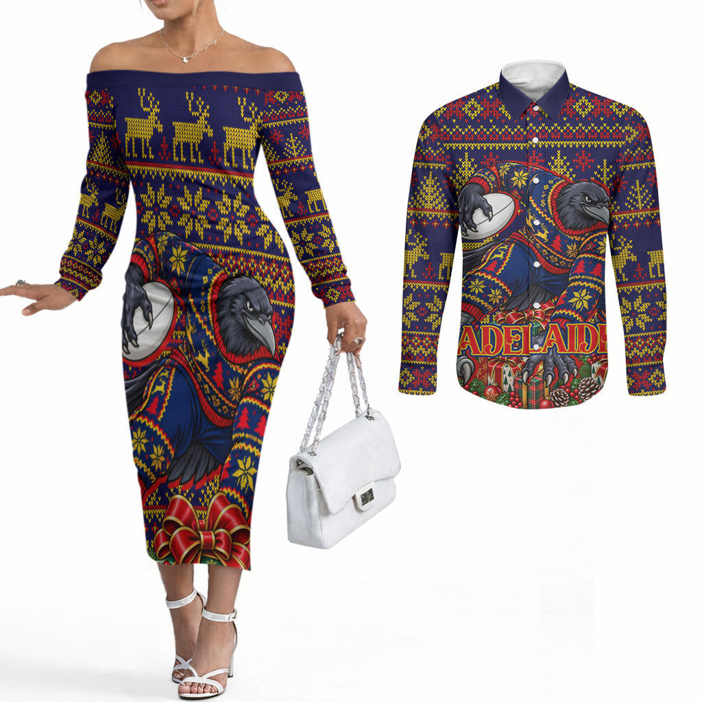 Personalized Adelaide Football Christmas Couples Matching Off The Shoulder Long Sleeve Dress and Long Sleeve Button Shirt Australian Football Mascot - Ugly Xmas Pattern Festive