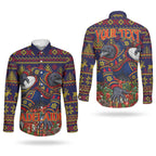 Personalized Adelaide Football Christmas Couples Matching Off The Shoulder Long Sleeve Dress and Long Sleeve Button Shirt Australian Football Mascot - Ugly Xmas Pattern Festive