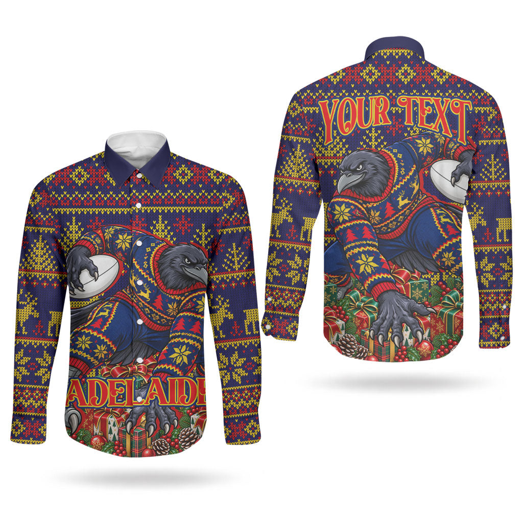 Personalized Adelaide Football Christmas Couples Matching Off The Shoulder Long Sleeve Dress and Long Sleeve Button Shirt Australian Football Mascot - Ugly Xmas Pattern Festive