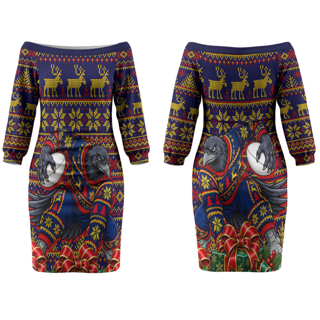 Personalized Adelaide Football Christmas Couples Matching Off The Shoulder Long Sleeve Dress and Long Sleeve Button Shirt Australian Football Mascot - Ugly Xmas Pattern Festive