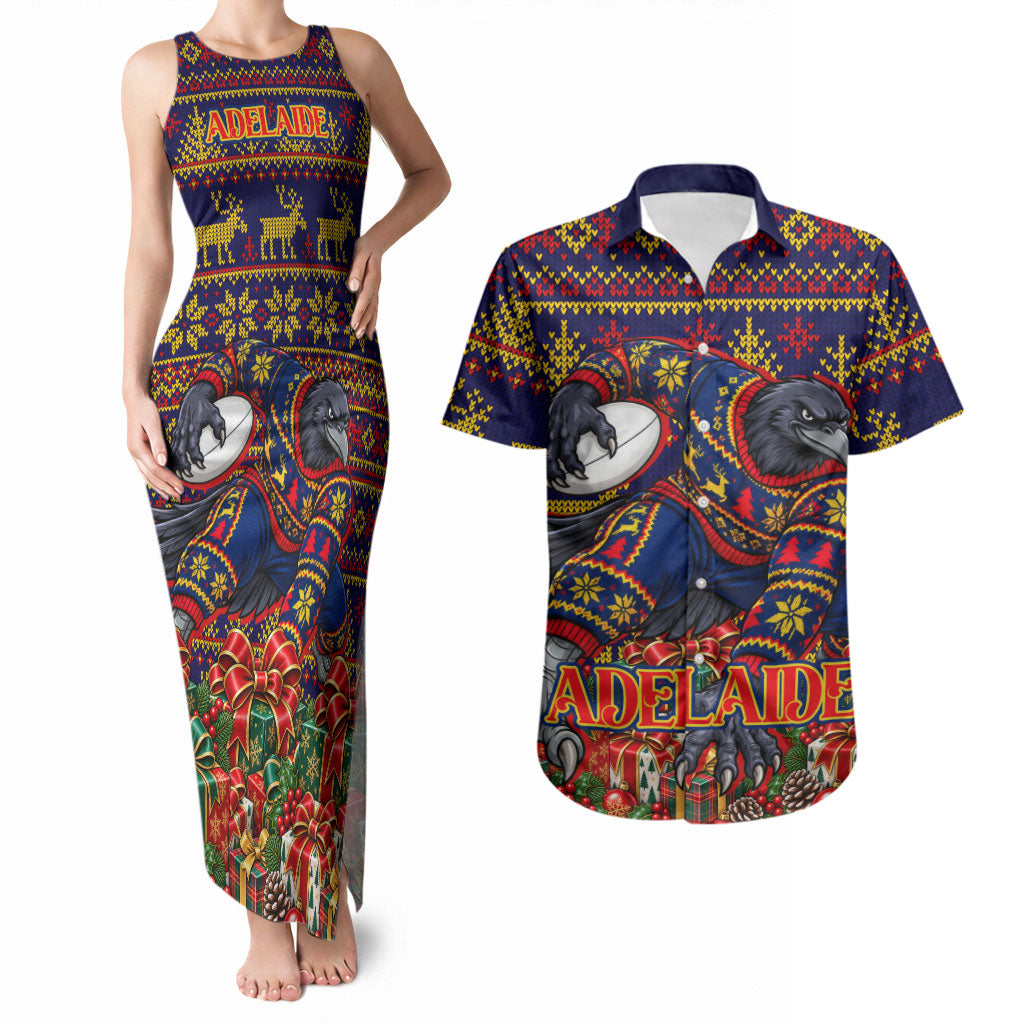 Personalized Adelaide Football Christmas Couples Matching Tank Maxi Dress and Hawaiian Shirt Australian Football Mascot - Ugly Xmas Pattern Festive