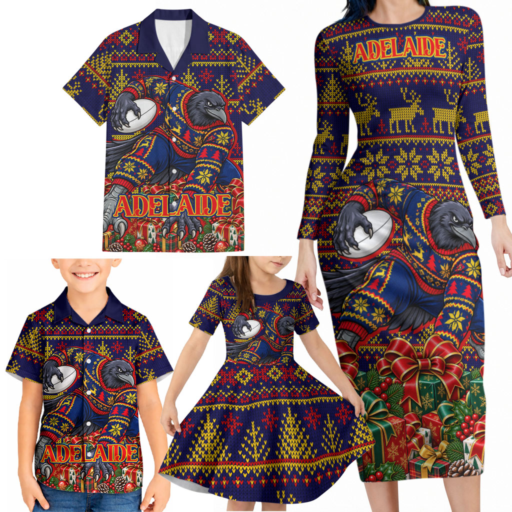 Personalized Adelaide Football Christmas Family Matching Long Sleeve Bodycon Dress and Hawaiian Shirt Australian Football Mascot - Ugly Xmas Pattern Festive