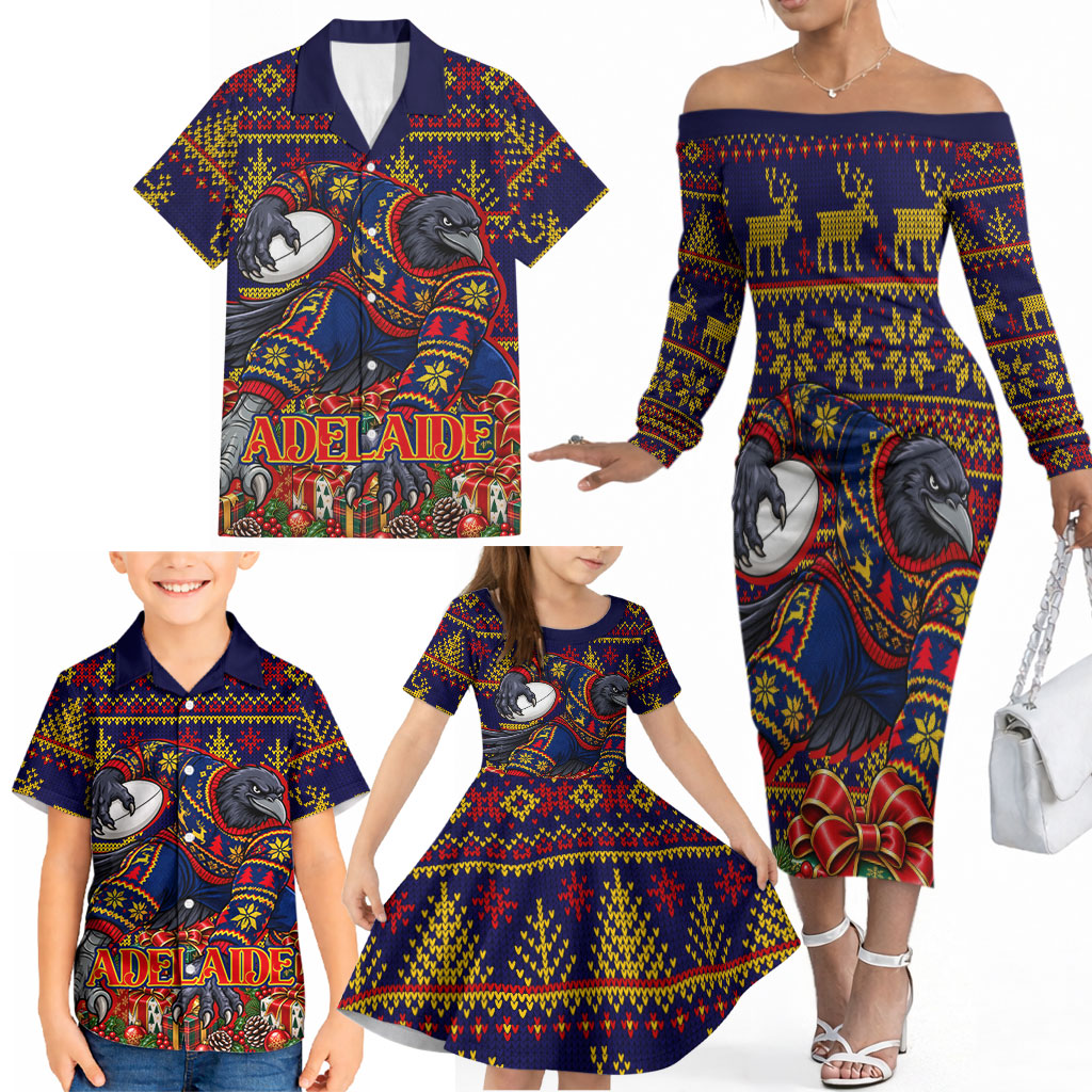Personalized Adelaide Football Christmas Family Matching Off The Shoulder Long Sleeve Dress and Hawaiian Shirt Australian Football Mascot - Ugly Xmas Pattern Festive