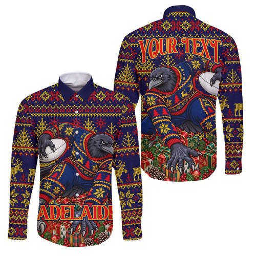 Personalized Adelaide Football Christmas Family Matching Off The Shoulder Long Sleeve Dress and Hawaiian Shirt Australian Football Mascot - Ugly Xmas Pattern Festive