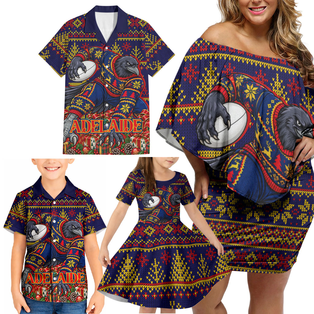 Personalized Adelaide Football Christmas Family Matching Off Shoulder Short Dress and Hawaiian Shirt Australian Football Mascot - Ugly Xmas Pattern Festive