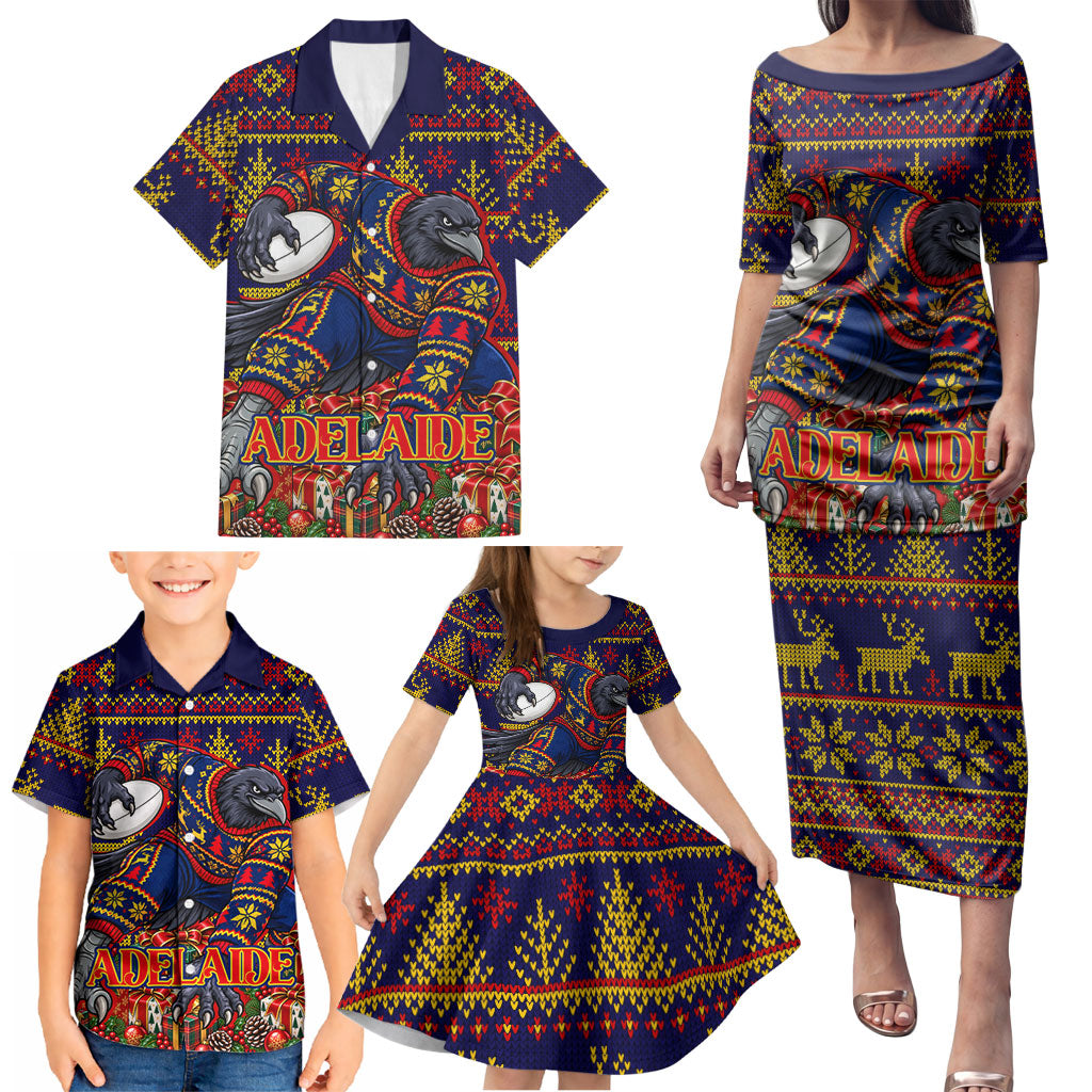 Personalized Adelaide Football Christmas Family Matching Puletasi and Hawaiian Shirt Australian Football Mascot - Ugly Xmas Pattern Festive