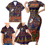 Personalized Adelaide Football Christmas Family Matching Short Sleeve Bodycon Dress and Hawaiian Shirt Australian Football Mascot - Ugly Xmas Pattern Festive